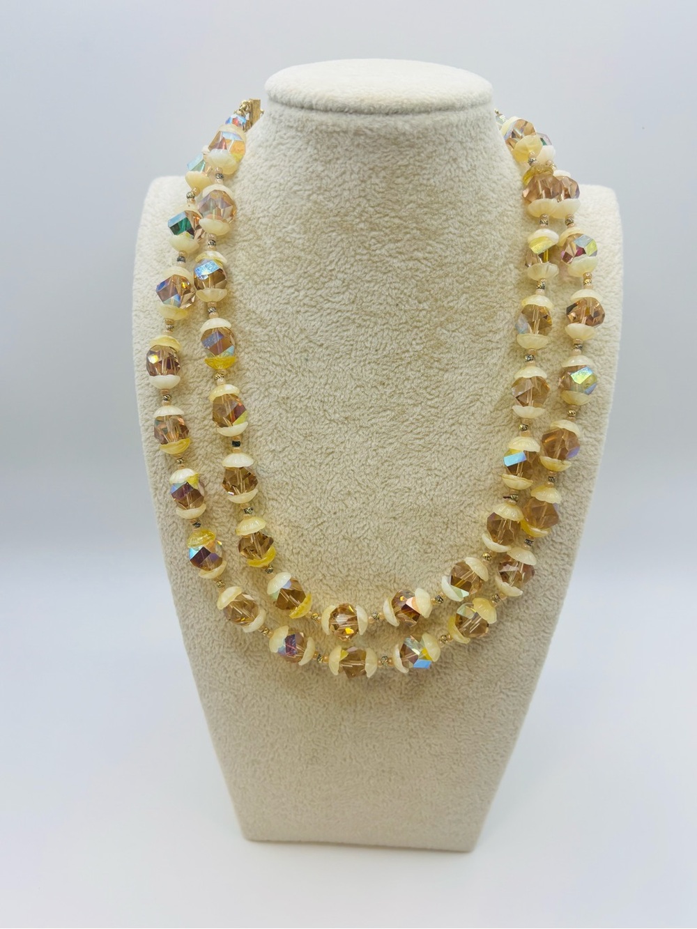Vintage VENDOME 1950s AB Crystal Double Strand Necklace Creamy Lucite Caps 16"